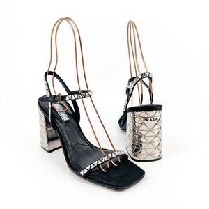 Prada Black Crystal Strap Triangle Logo Block Heel Sandals Size 37.5 US 7.5